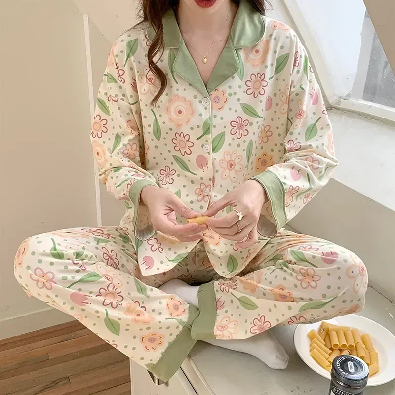 Long Sleepwear Skin-friendly Cherry Plus Sleeve Mujer Set Ruffle Homewear Size Print Breathable Top+pants Pajama