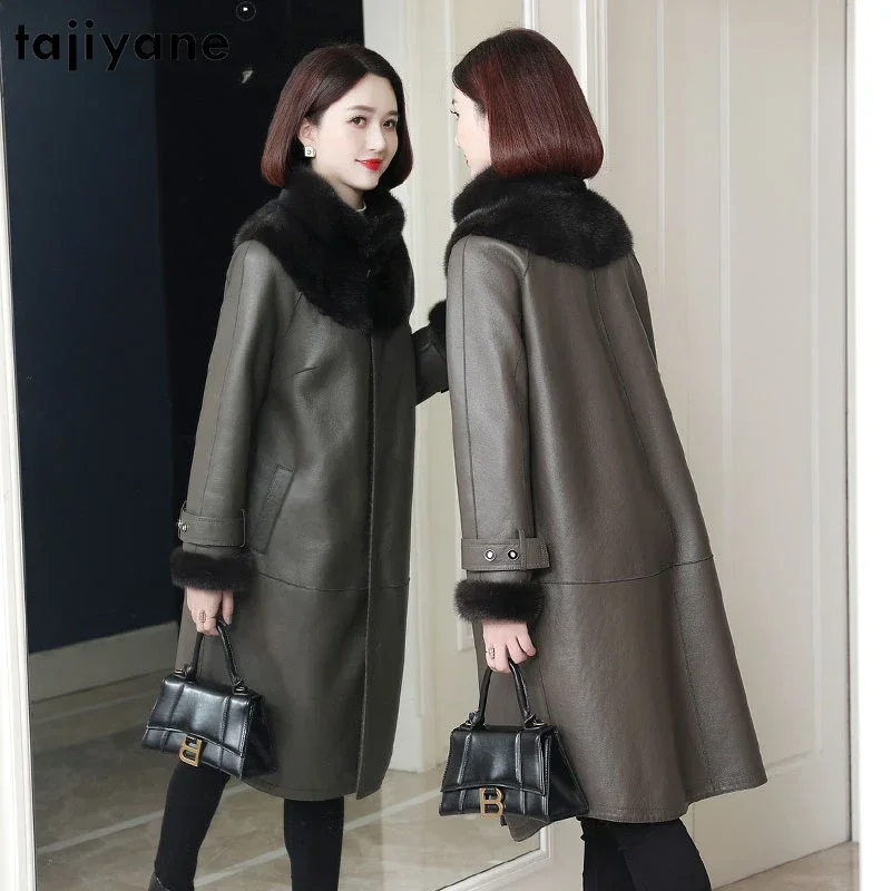 Tajiyane Real Fur Coat Womens Clothing Winter Natural Sheep Fur Jackets for Women 2023 Luxury Mink Fur Collar Jaqueta Feminina