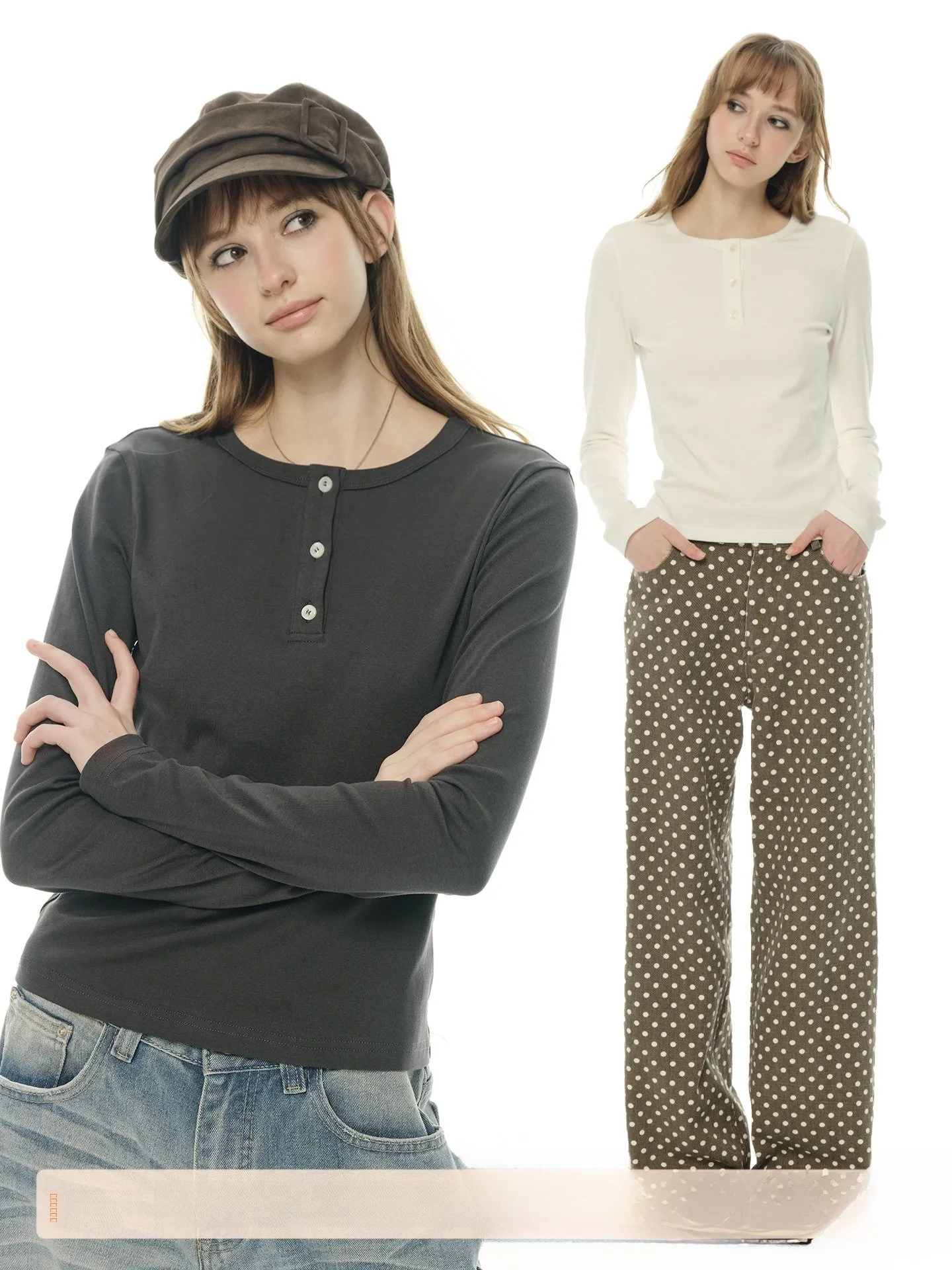 

Женская футболка Ele Long Sve Basic с воротником Хенли, облегающая, универсальный дизайн, базовый слой, внутренняя одежда, смесь хлопка и спандекса