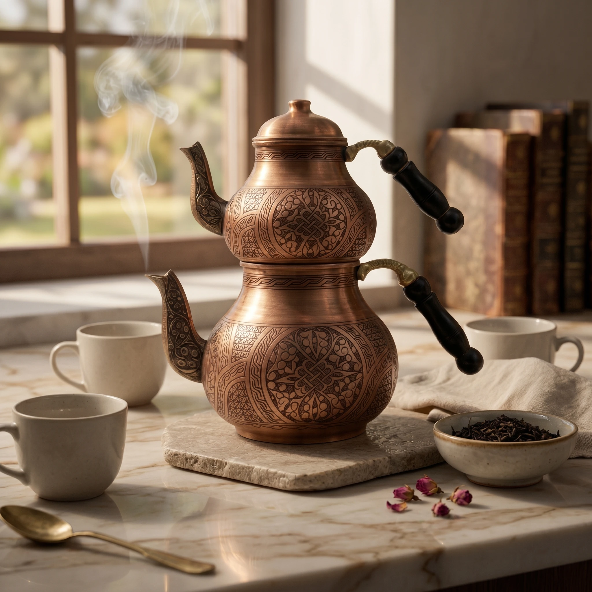 

Mother-Son Teapot Embossed Floral Copper Teapot Stacked Kettle Geometric Carving Drinkware Gas and Electric Cooktop