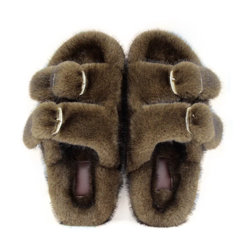 الشتاء رقيق النعال امرأة نعال تدفئة أفخم الفراء الصنادل الفراء المنزلق الأزواج موجزة المنزل أحذية قطنية في الهواء الطلق رقيق الشرائح