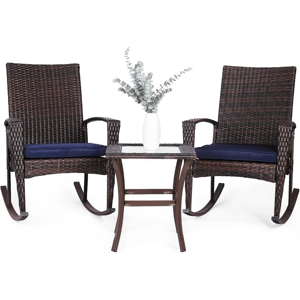 

3 Piece Wicker Rocking Chair Patio Furniture Sets, Outdoor Wicker Bistro Rattan Chair Conversation Sets with Cushions and Coffe