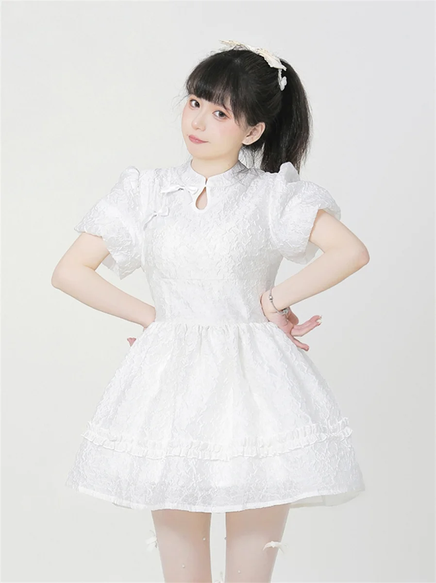 

Chinese Vintage Style Cosplay Lolita Op Cheongsam Cute Girl Solid Sweet Puff Sleeve Ribbon Bowknot Elegant Gentle Fashion Dress