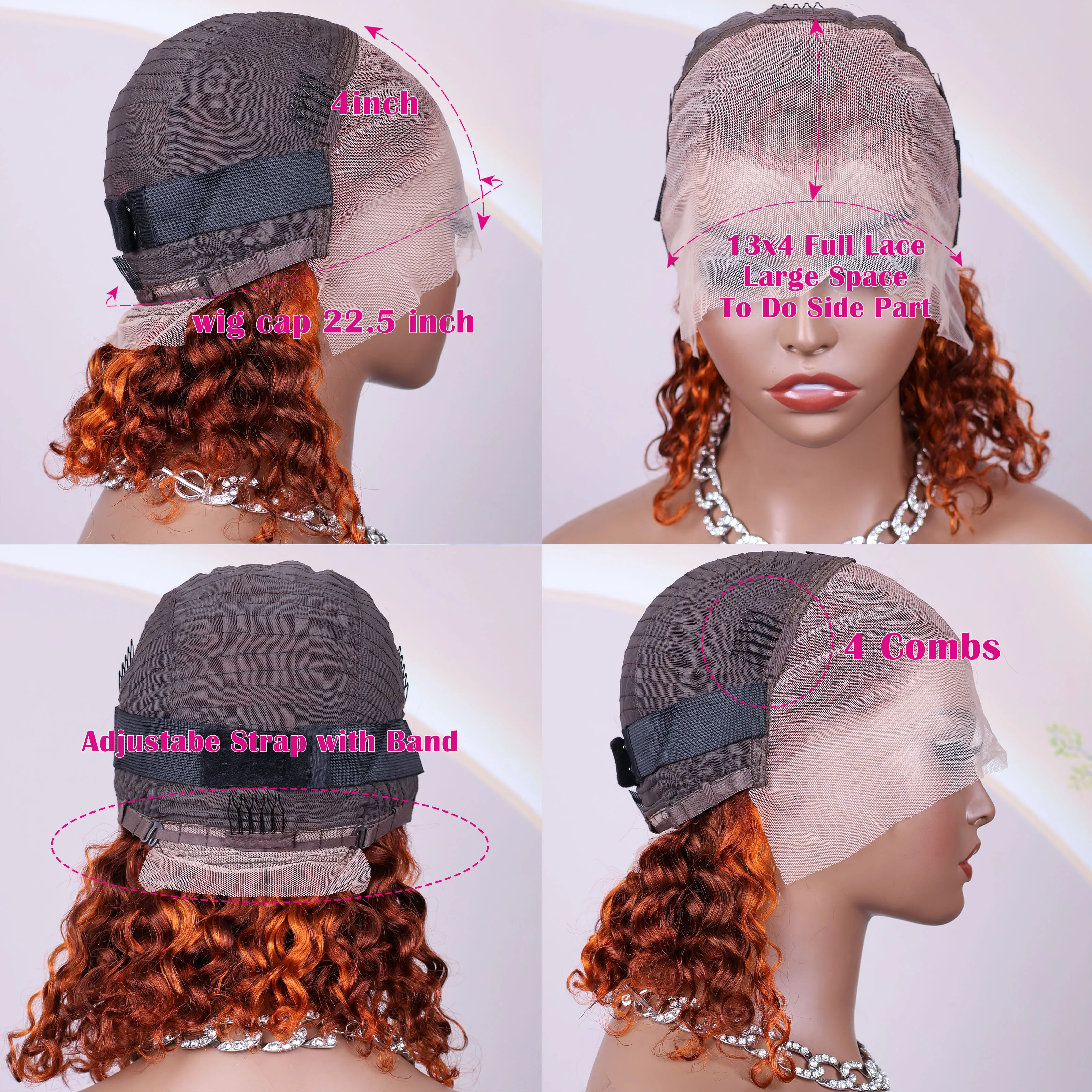 Perruque Bob Lace Front Wig naturelle, cheveux humains, couleur gingembre, Orange, marron, P4/350, reflets 13x4, Deep Wave, densité 200, pour femmes