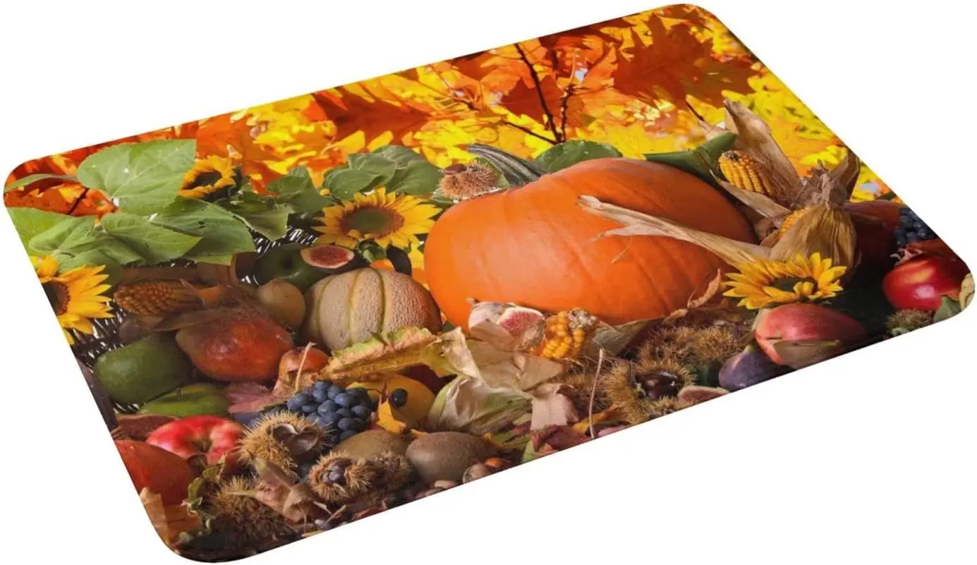 Fall Harvest Bath Mat Pumpkin Sunflower Corn Non Slip Quick Dry Soft Rug For Kitchen Bedroom Indoor Use 16x24 Inch