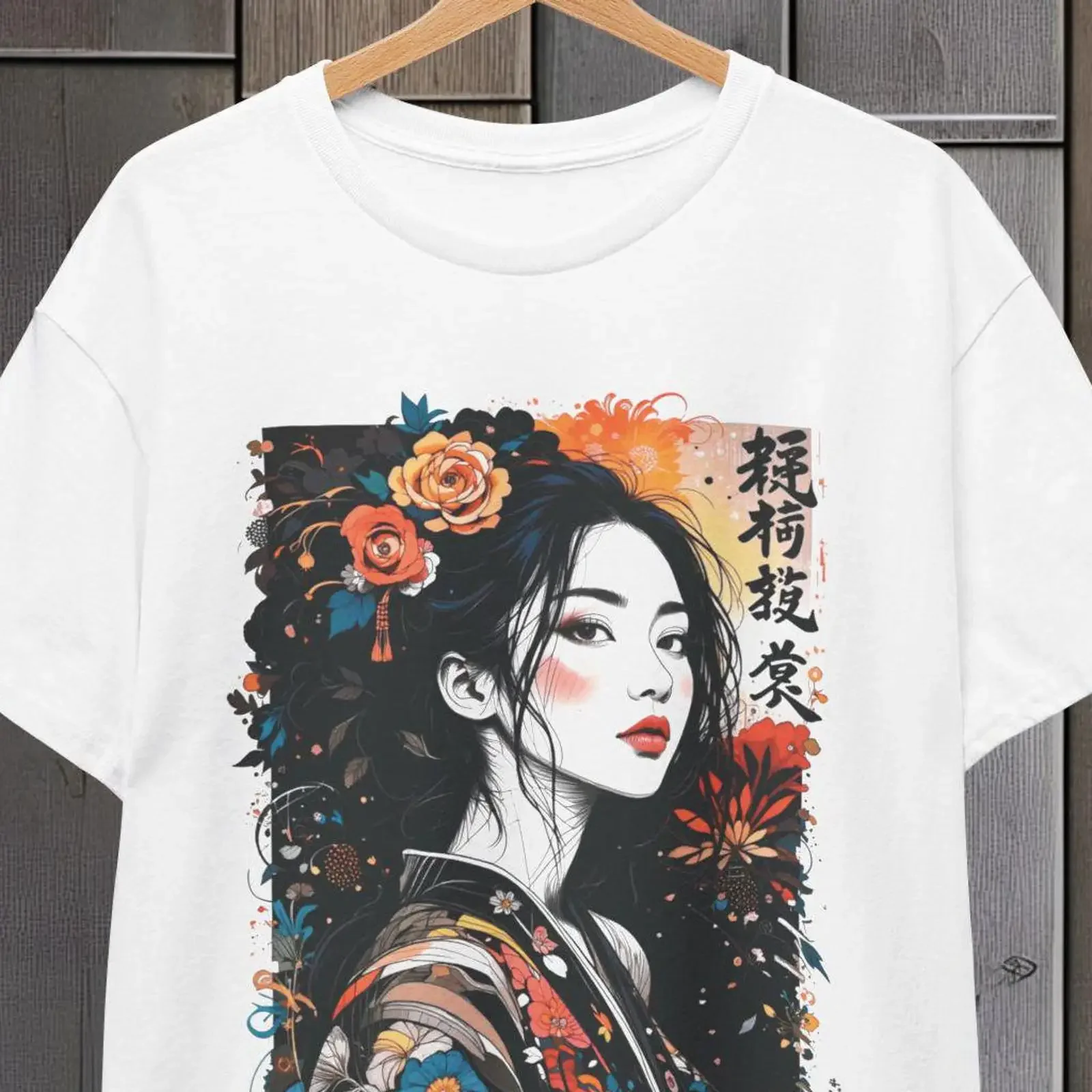 Vintage Japanese Floral Geisha T Shirt Abstract Asian Art Cotton Casual vintage Washed Stretched Breathable Soft streetwear