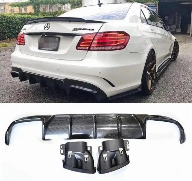 Real Carbon Fiber Rear BumperTrunk  Lip Diffuser Spoiler With Exhaust Tip For Benz W212 E300 E63 E63S AMG 2014 2015 2016