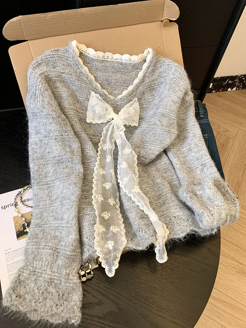 

Теплый вязаный свитер с кружевной отделкой и узлом для женщин, свободный крой, длинный рукав, V-образный вырез, зимняя мода