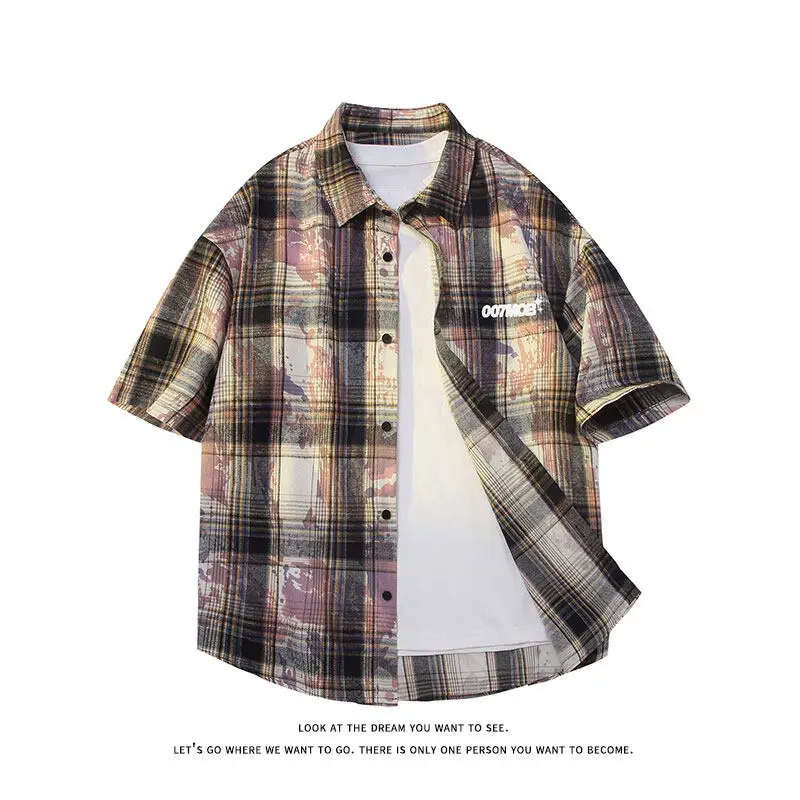 Loose Fit Comfortable Plaid Shirt Mens Casual Checkered Tie Dyed Top Soft Touch Relaxed Stylish Fashion Trending New Style 2025