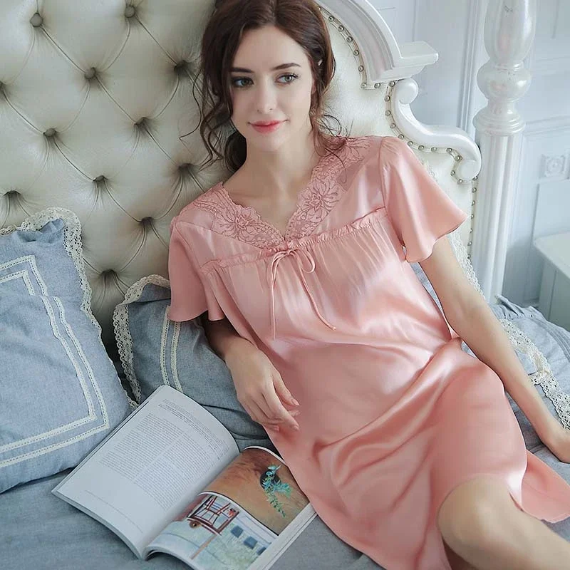 100% Silk Short Nightdress Loose V Neck Lace Nightgown Short-sleeved Mini Women's Dresses Sleepwear Lingerie Soft Sleep Dress