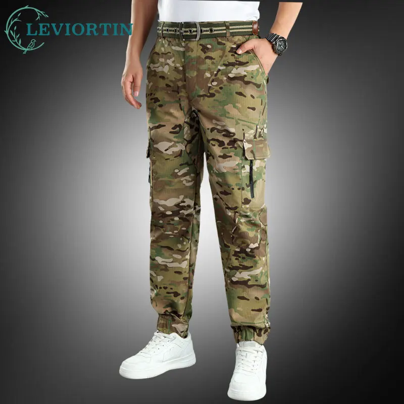 Camouflage Cargo Pants Men With Multiple Pockets Streetwear Techwear Tactical Track Gray Pants Elastic Waist Joggers Trousers