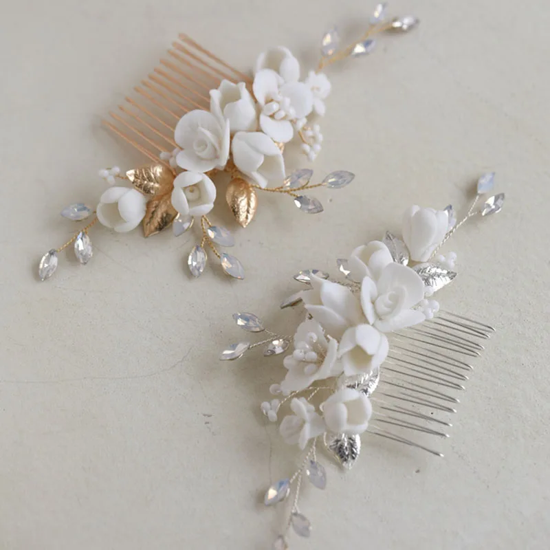 Ceramic Floral Bridal Hair Comb Piece Crystal Wedding Jewelry Handmade Gold Silver Color Women Accessories