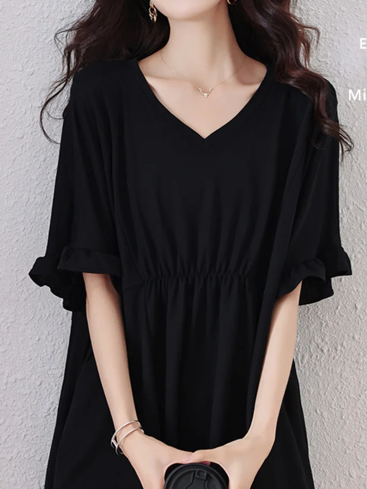 #2867 Black Irregular Blouse Women V-neck Folds Thin Sexy Split Joint Office Chiffon Womens Tops And Blouses Flare Sleeve Summer