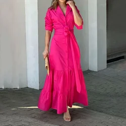 Women Dresses Long Sleeve Turn Down Collar Single Breasted Button Solid Loose Fit Sexy High Street Belt Party Vestidos