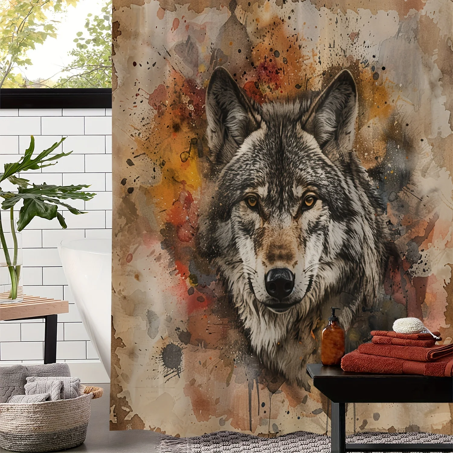 Vintage Ink Splatter Wolf Print Shower Curtain with 12 Hooks - Waterproof Polyester, Artistic Home Decor for Bathroom, Window Cu