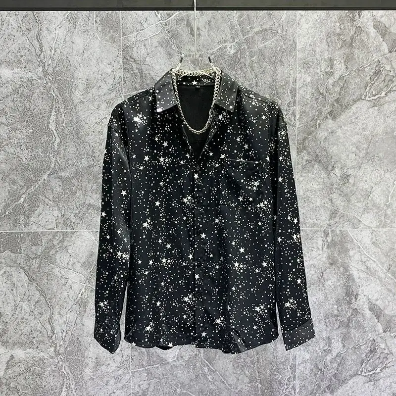 Korean Business Casual Men\'s 2024 New Spliced Button Sequined Rhinestone Fashion Loose Comfortable Casual Long Sleeved Shirts