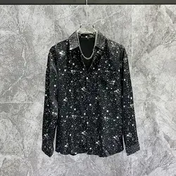 Korean Business Casual Men's 2024 New Spliced Button Sequined Rhinestone Fashion Loose Comfortable Casual Long Sleeved Shirts