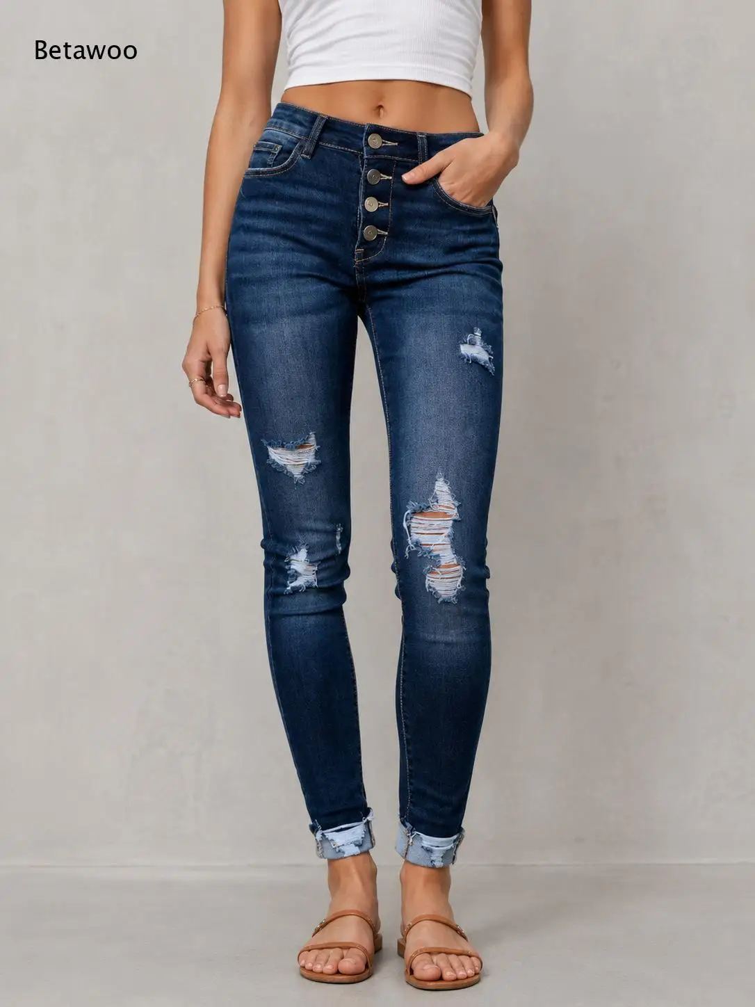 Women High Waist Distressed Ripped Skinny Jeans Cuffed Ankle Hem Pocket Stretch Denim Pants Street Daily Outfits