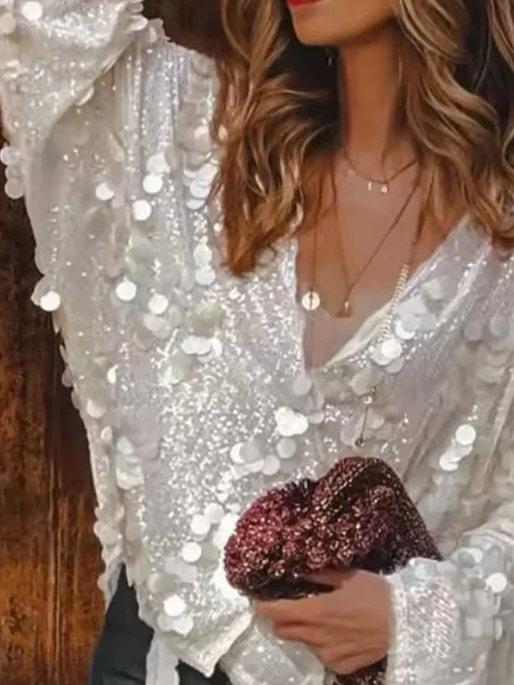 

Elegant V-neck Long Sleeve Club Party Top Women's Fashion Shiny Sequins Solid Color Blouse 2026 Casual Loose Street Tee Shirts