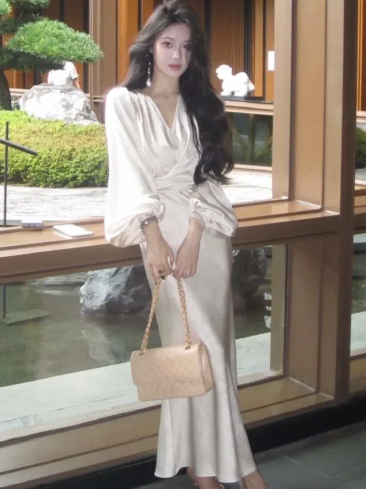 Elegante bodycon cetim midi vestidos para mulheres outono lanterna manga com decote em v rendas sereia vestido de festa à noite robe vestidos novo