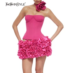 TWOTWINSTYLE Solid Spliced Appliques Two Piece Set for Women Slash Neck Sleeveless Top High Waist Skirts Female Fashion