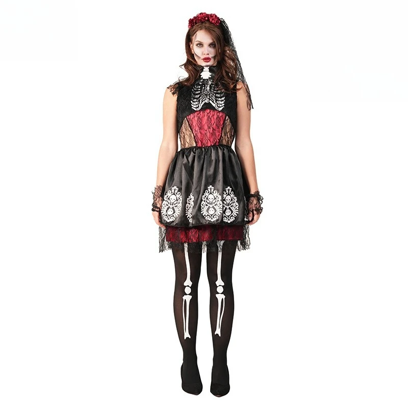

Vampire Sexy Skeleton Lace Dress Adult Women Halloween Party Cosplay Costumes Gothic Carnival Holiday Stage Masquerade Outfit