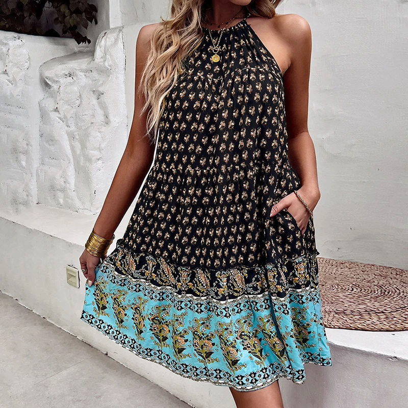 

Ardm Sexy O Neck Orientation Printing Boho Summer Mini Dress For Women 2022 Elegant Sleeveless Holiday Loose Beach Dress Vestido