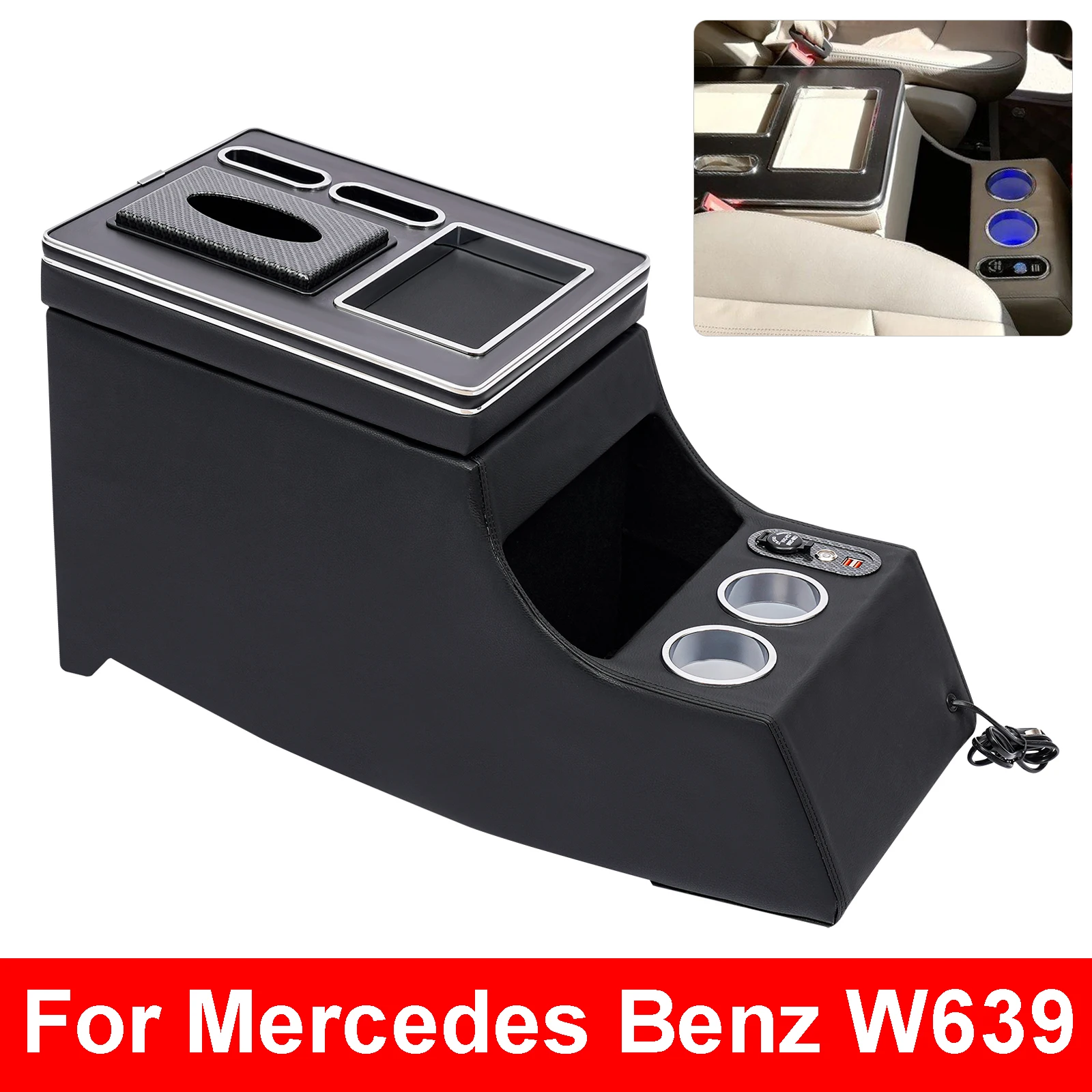 Armlehnenbox für Mercedes Benz W6339 mit LED-Licht, einfache Installation für Viano Vito Autobus/ Autocar Vito/ Mixto, Schwarz