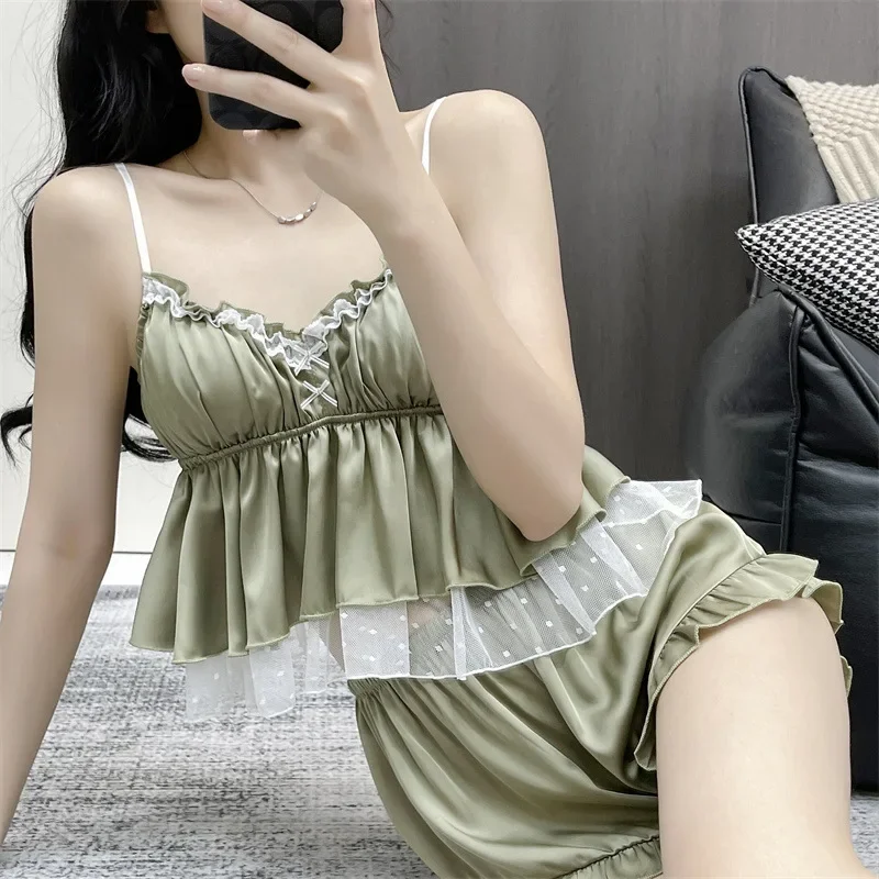 Summer New Female Pajamas Set Lace Sleepwear Sexy Suspender Cami Shorts Pijamas Suit Casual Satin Nightwear Home Clothes