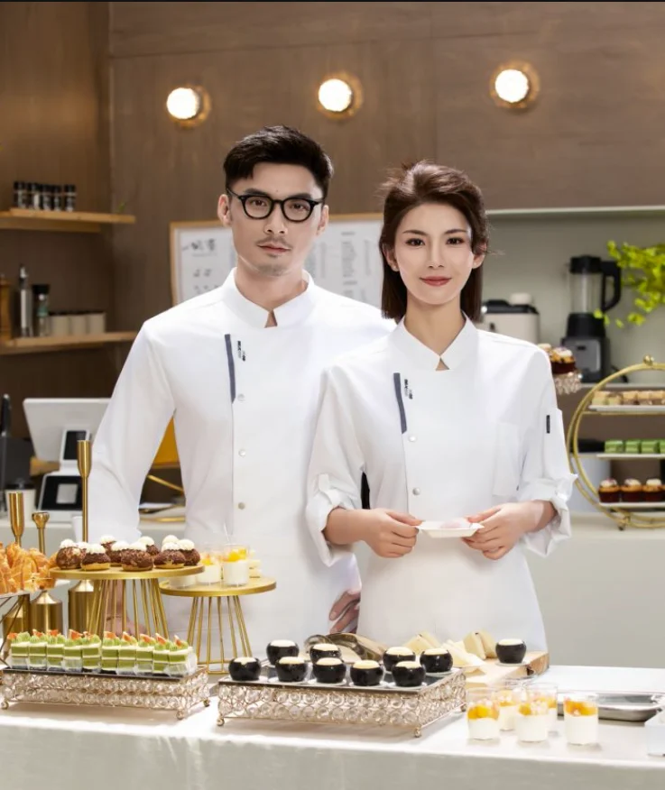 Chaqueta de Chef blanca de manga larga, uniforme de Chef de restaurante, camiseta de Chef, uniforme de trabajo de panadero, abrigo de cocinero de Hotel, ropa con logotipo para mujer