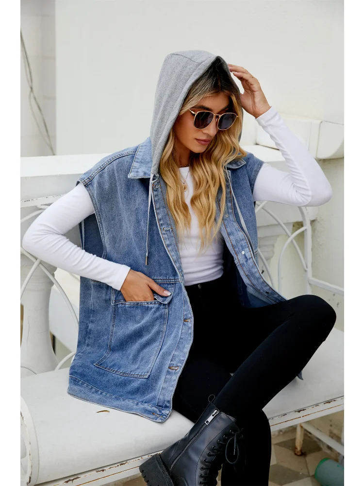 Hooded Denim Vest Jacket Coat Women Solid Color Lapel Single Breasted Pocket Vest Outwear Femininas Streetwear Fashion Denim