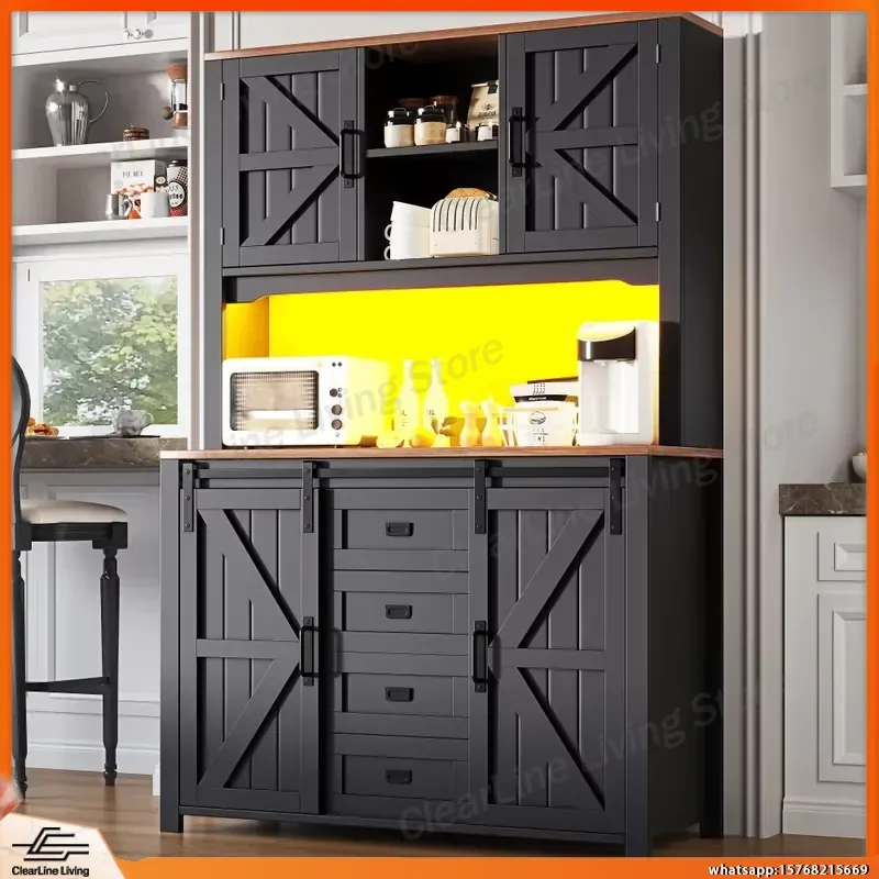 Kitchen Cabinets 115x40x174.7 cm Modern Sliding Door Kitchen Storage Cabinet with LED Lighting Wall Mounted Floor Standing