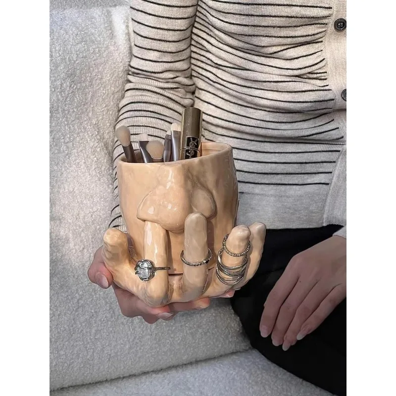 Creative Mugs Coffee Cups Set Ceramic Hand Rings Tray Makeup Brush Organizer Pen Holder Funny Cup Jewelry Display Desktop Decor