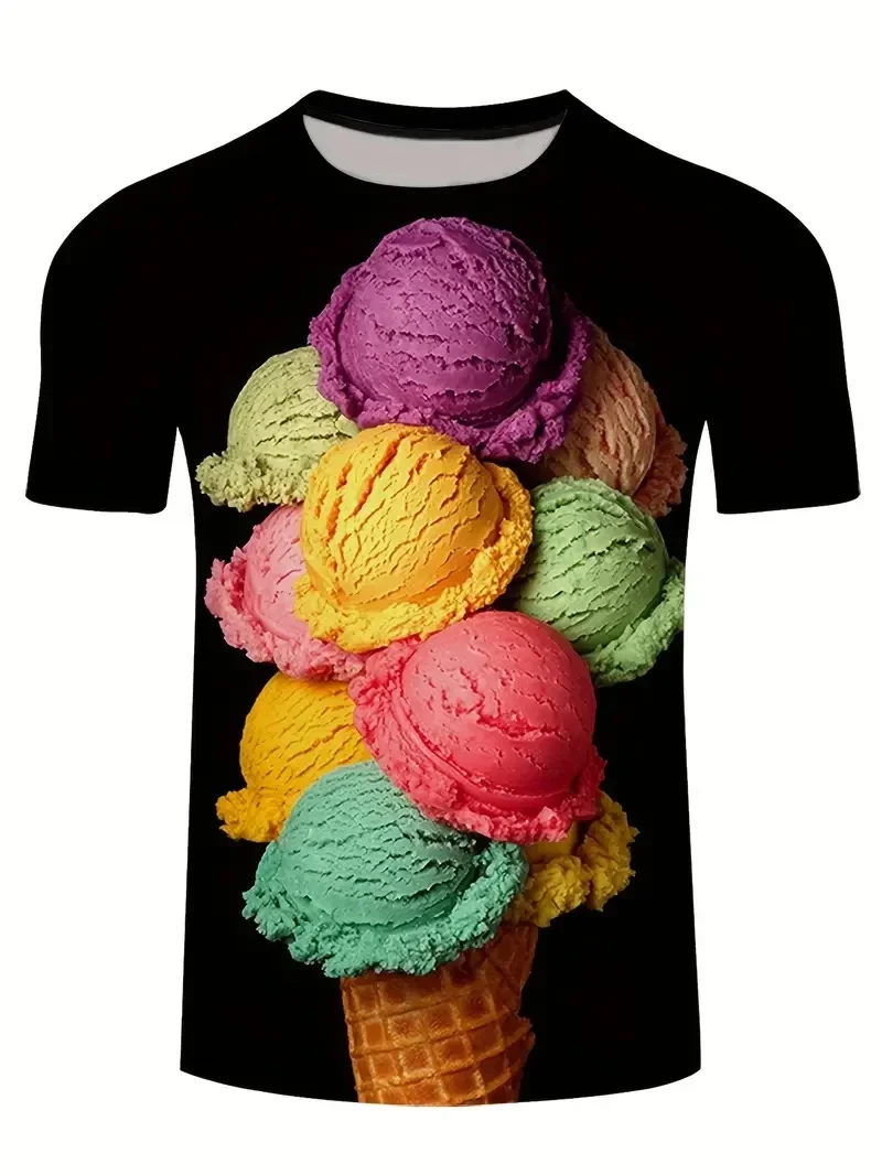 メンズプラスサイズ3Dプリントアイスクリーム柄プリントTシャツファッションサマークルーネック半袖キッズ向けトレンド新作Tシャツ