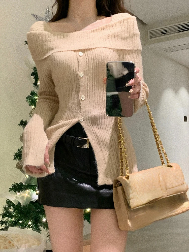 2023 Winter Red Casual Knitted Sweater Woman Slim Korean Style Elegant Tops Office Lady Long Sleeve Fashion Pullover Design