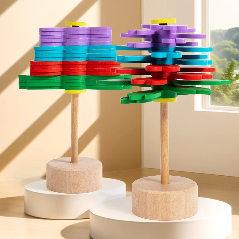 Wooden Rotating Stick Spiral Flower Decompression Stick Wooden Rotating Fun Puzzle Stress Relieving Toy Ornament Spiral Tree