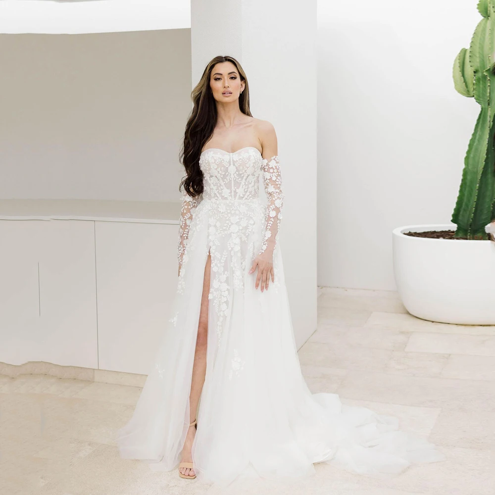

Shiny Luxury Wedding Dresses Applique Detachable Sleeves Glitter Tulle Bride Gowns Split Sweep Train robe de mariée Customized