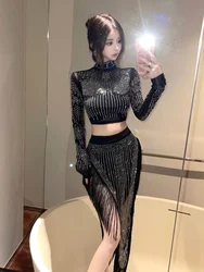 New Sexy Mesh See Through Luxury Rhinestone Top Two-Piece Set Women's Irregular Tassel Skirt 2 Piece Outfits