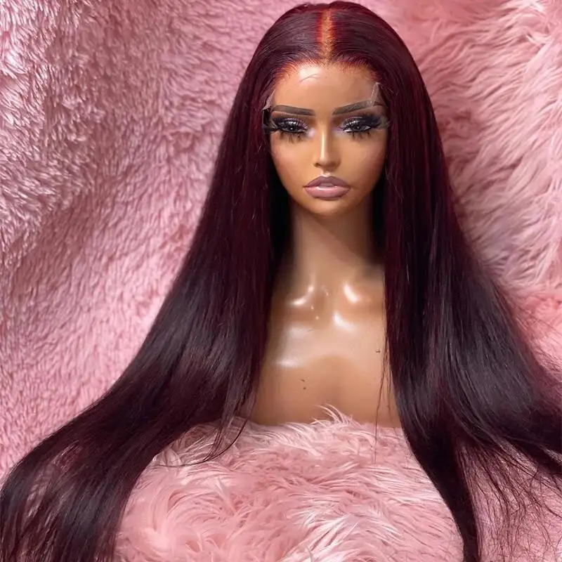 

Soft Long 26Inch Wine Red 180%Density Straight Lace Front Wig For Women With Baby Hair Synthetic Preplucked Glueless Daily Wear