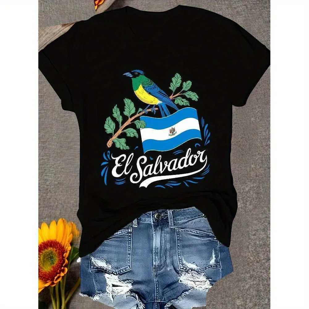 

[Trebalena Graphic Tee]Comfortable Women's Oversized Print T-shirt El Salvador Flag & Bird Print T-Shirt - Bold National Pride