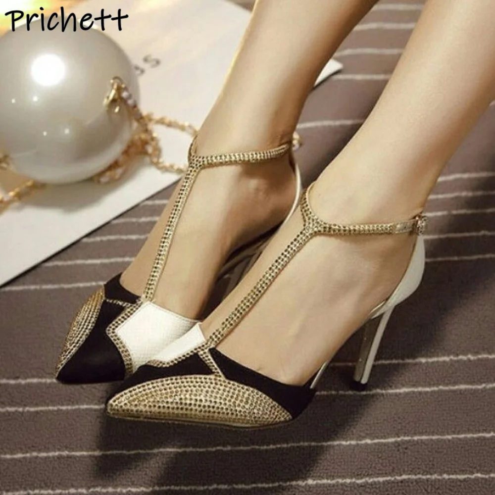 

Rhinestone Patchwork Sandals T Strap Black White Gold Ankle Band Thin Heels Shoes Women's Summer Elegant Trendy Party Shoes