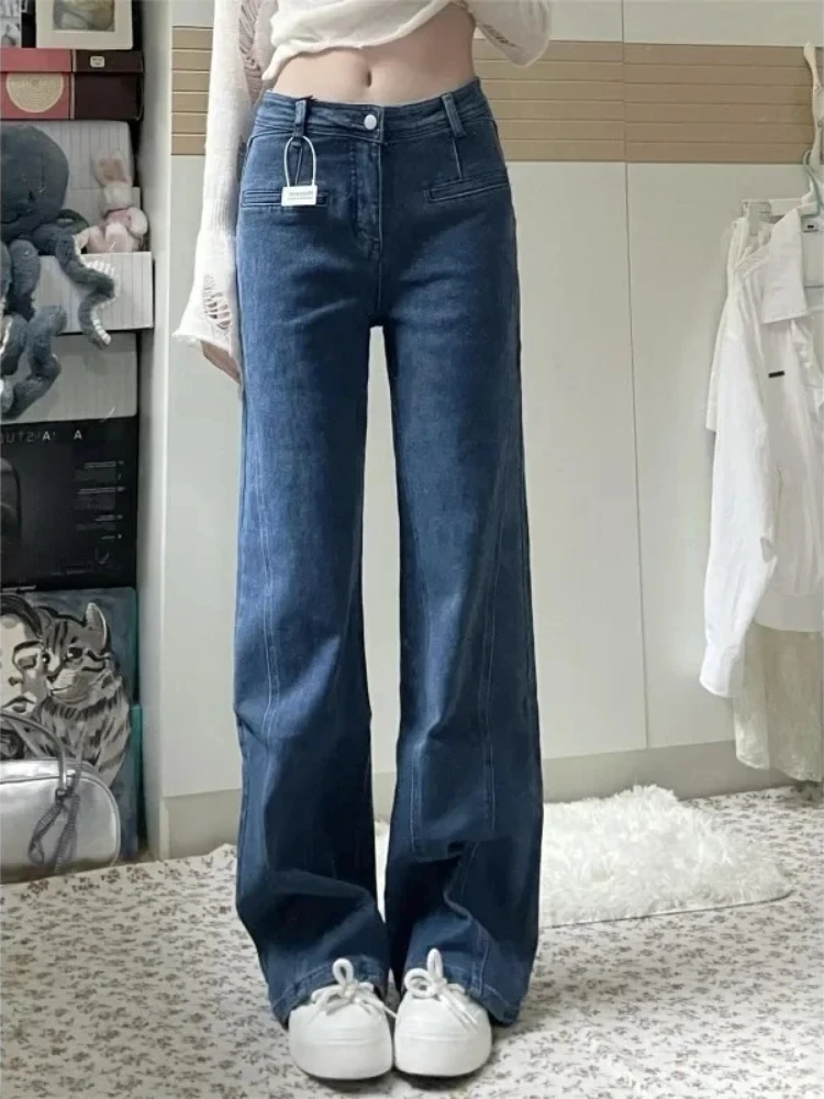 

Винтажные лоскутные женские синие джинсы Y2k с милым бантом, корейские свободные прямые джинсовые брюки с высокой талией, мешковатые повседневные брюки