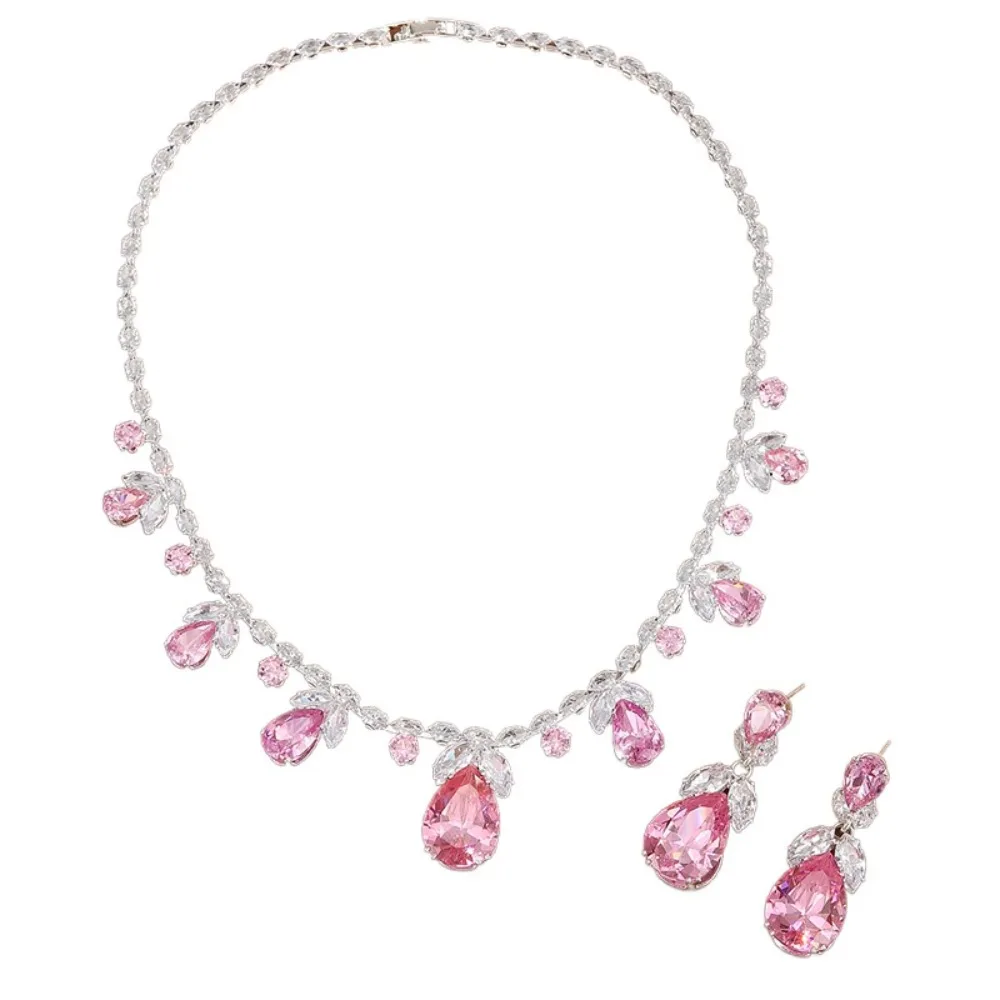 

3Pcs Waterdrop Zircon Crystal Necklace Earrings Set Colorful Light Luxury Rhinestone Jewelry Set Party Delicate