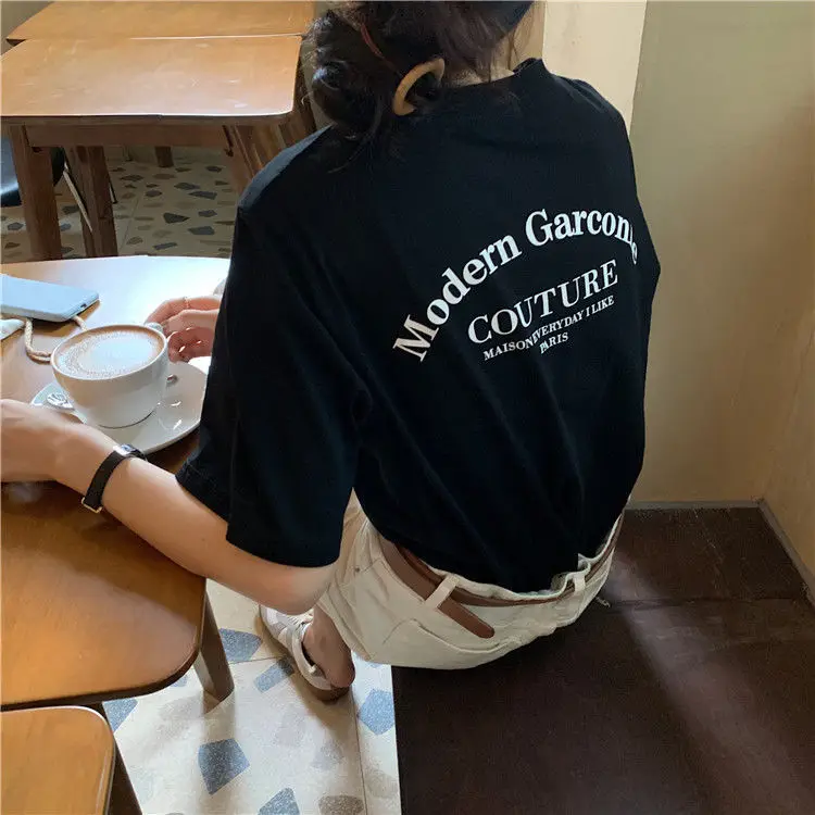 

Loose Black T-shirt with Letter Print for Women, 2025 Summer, Round-neck Short-sleeved Top, Base Layer, Instagram Trend