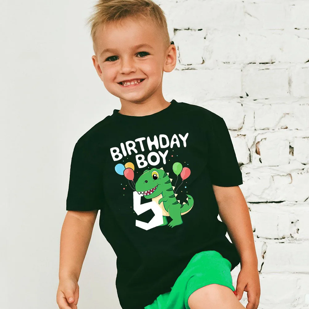 Dinosaur Birthday Number Printed Shirt Kids 2-8 Birthday Party T-Shirt Boy Shirt Dino Theme Tops Clothes Child Short Sleeve Tees