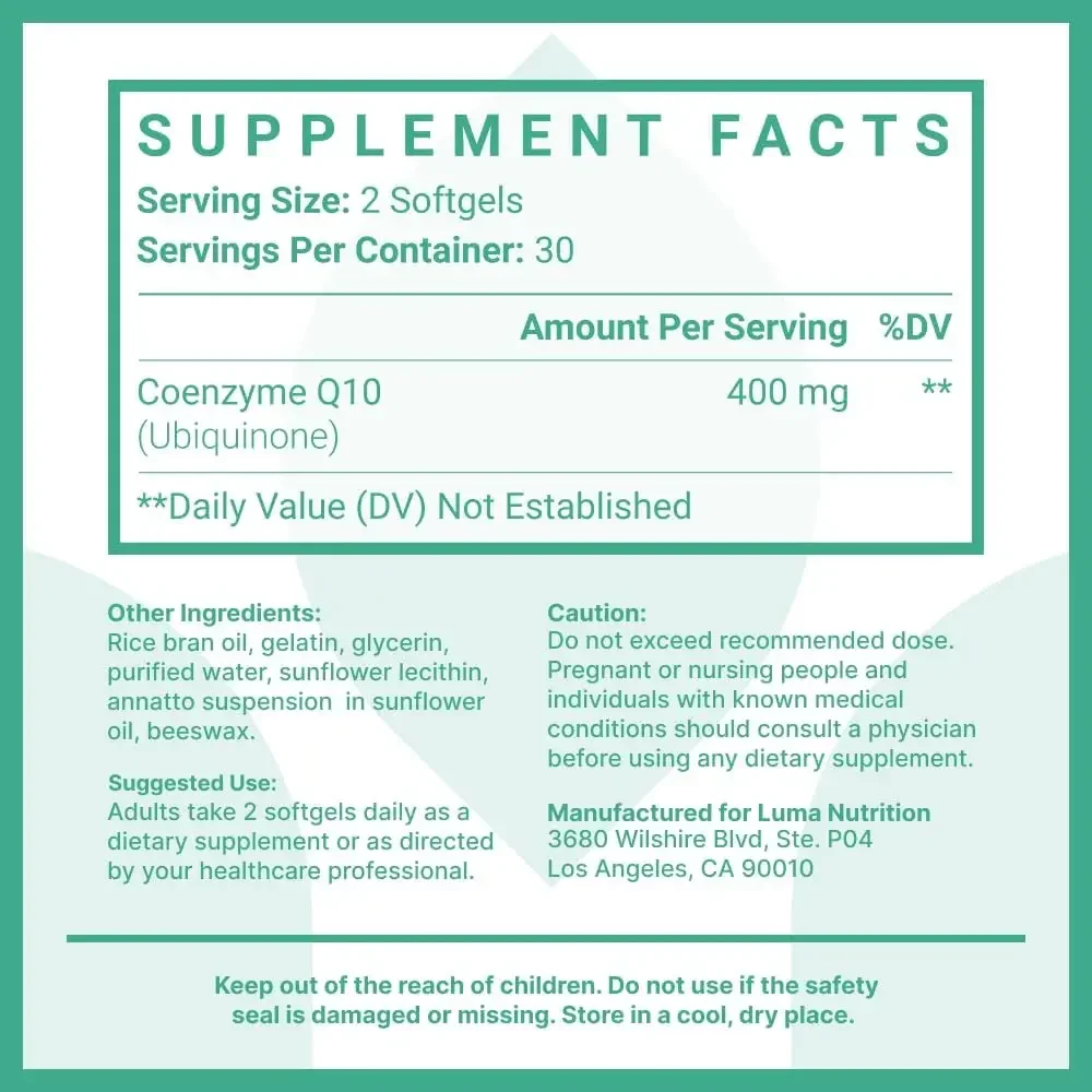 Coq10 400mg Capsules - High Quality Coenzyme Q10- Co Q-10 200mg Soft Capsules/400mg -60 Capsules Per Serving