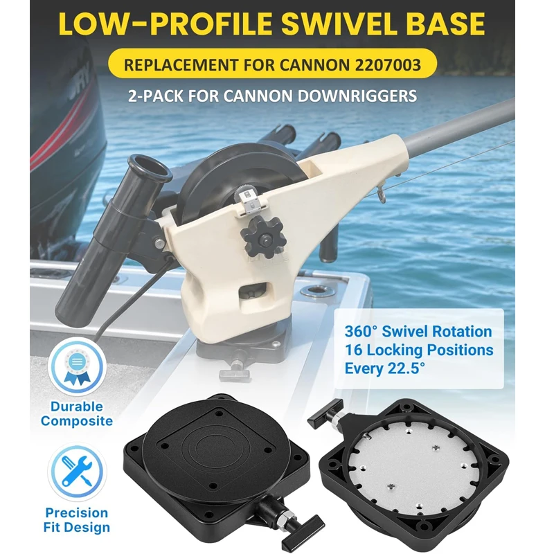 2207003 Low-Profile Swivel Downrigger Mounting Base For Cannon Downriggers, 360° Rotating Base with 16 Locking Positions -2 PCS