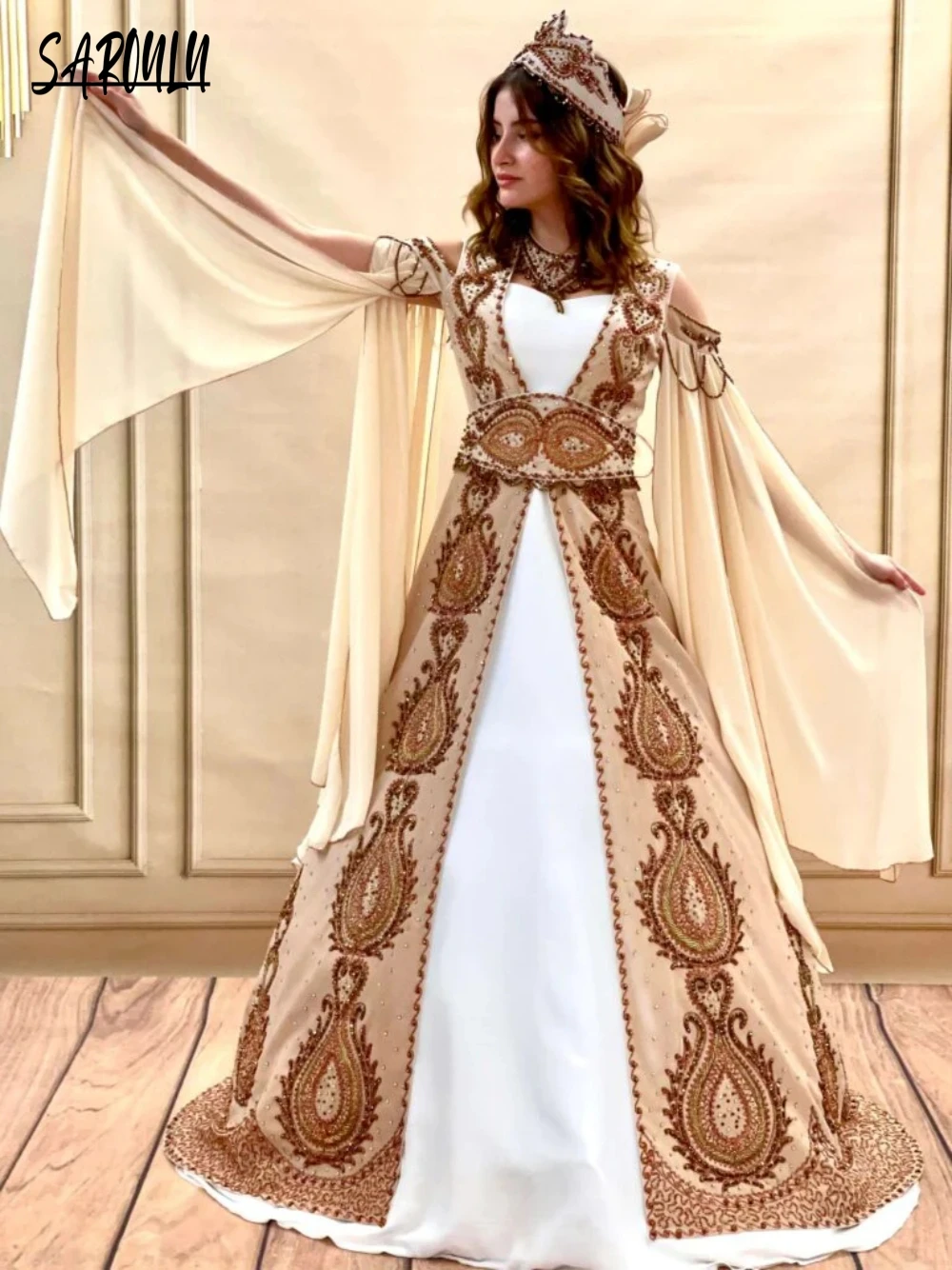 2025 Caftan A-line Evening Dresses Gold Cream Party Kaftan Appliques Dress Tassel Long Sleeve Plus Size Gown Vestidos De Gala