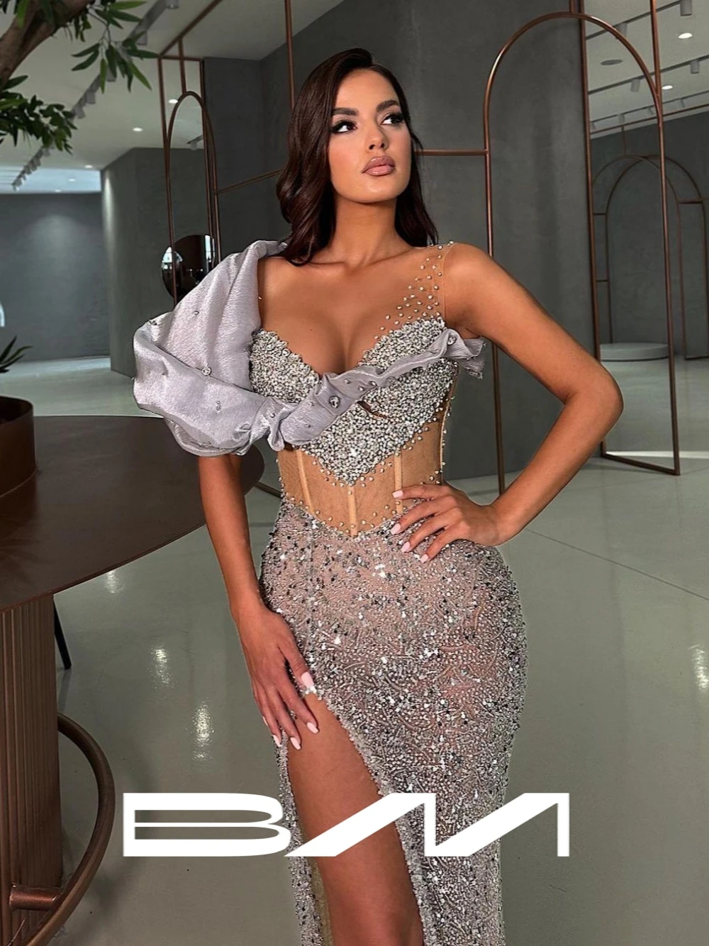 

BRLMALL Formal Occasions Shimmering Evening Dress Beaded V Neckline Cocktail Gown Sexy High Split Prom Wear Customized