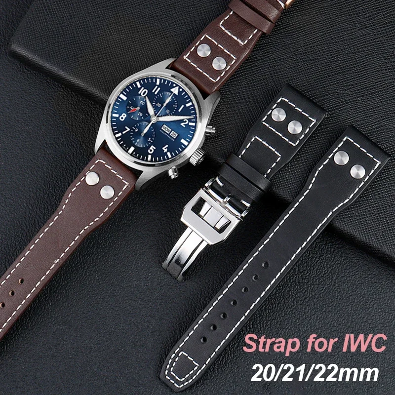 สําหรับนักบิน IWC Cowhide สร้อยข้อมือ 22 มม.21 มม.20 มม.หนังแท้เหล็กพับหัวเข็มขัดสายรัดข้อมือสีดําอุปกรณ์เสริม